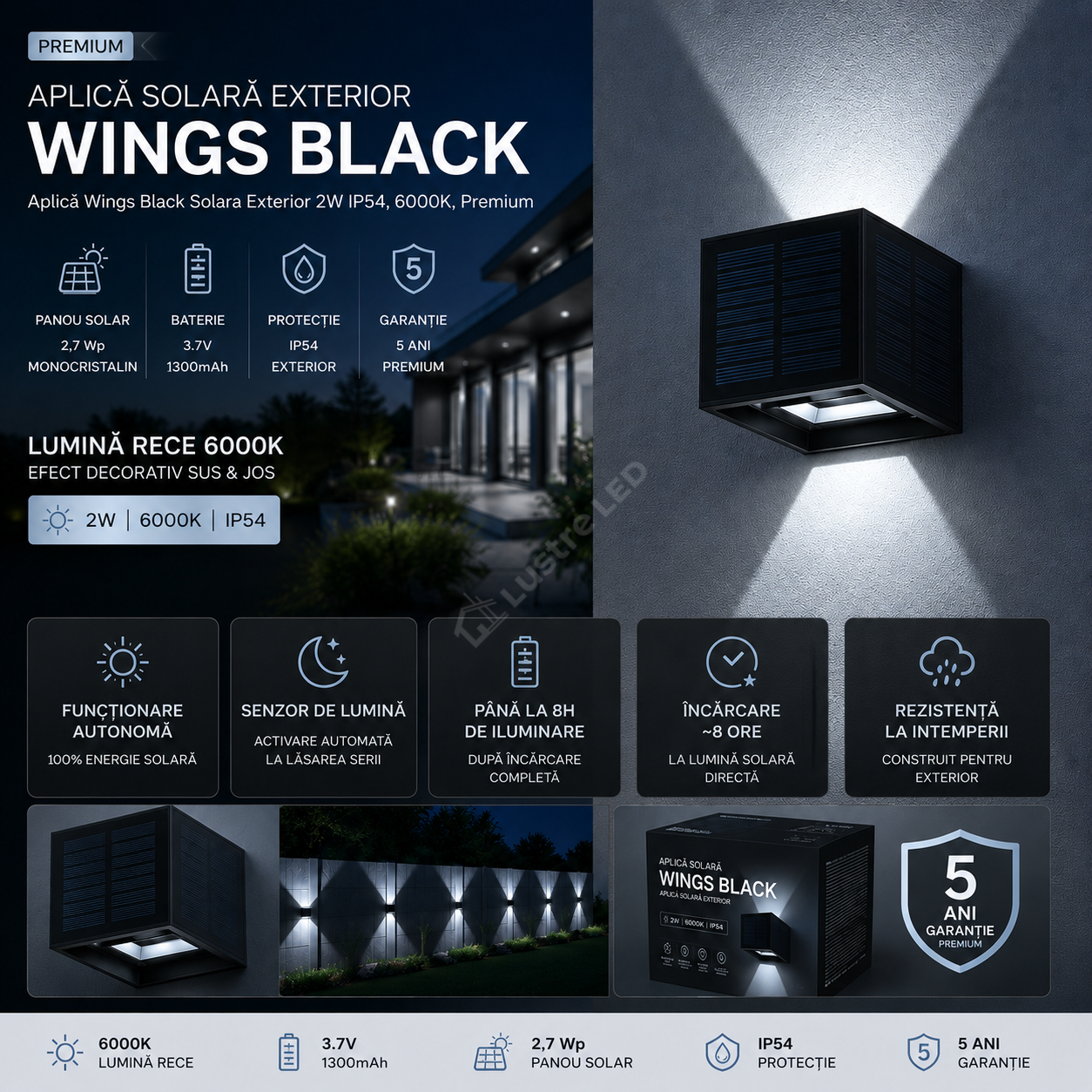Aplica Wings Black Solara Exterior 2W IP54, 6000K, Premium