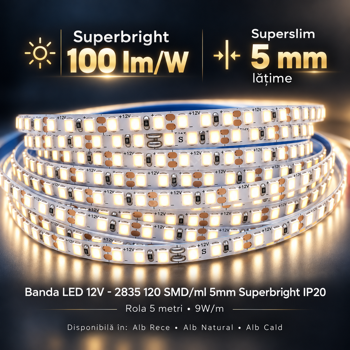 Banda LED 12V - 2835 120 SMD/ml 5mm Superbright IP20 - rola 5 metri