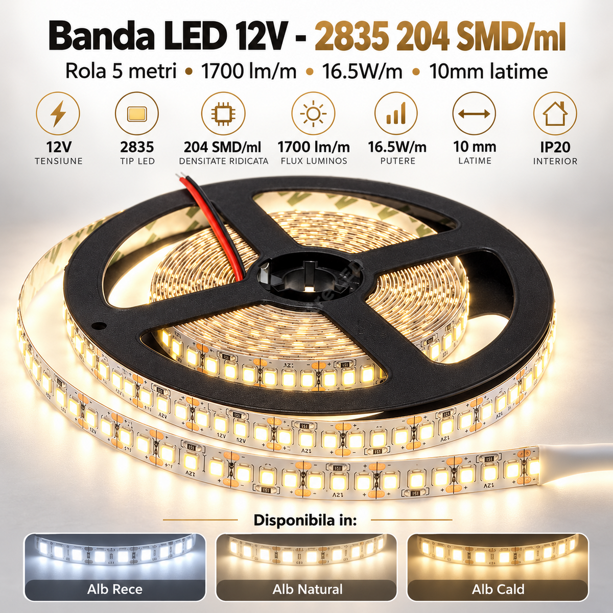 Banda LED 12V - 2835 204 SMD/ml IP20 - rola 5 metri