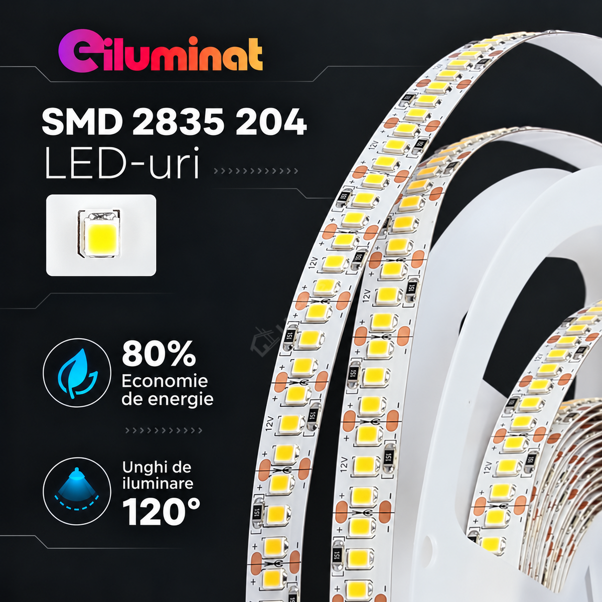 Banda LED 12V - 2835 204 SMD/ml IP20 - rola 5 metri