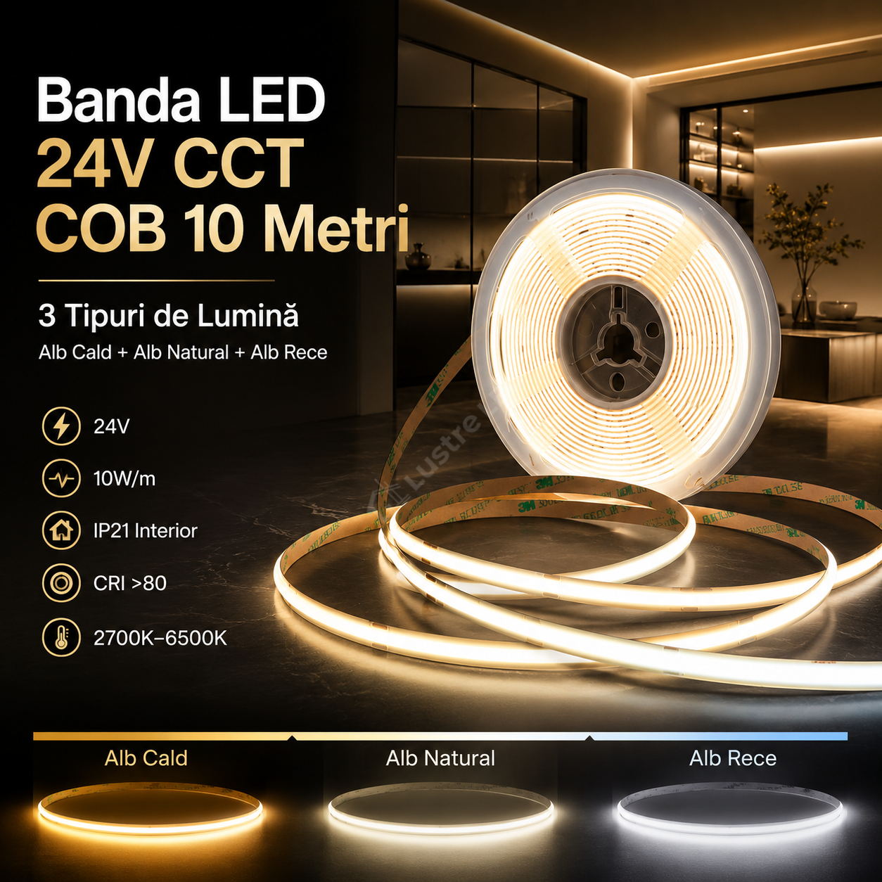 Banda LED 24V CCT COB 10 metri - IP20 - 3 Tipuri de Lumina