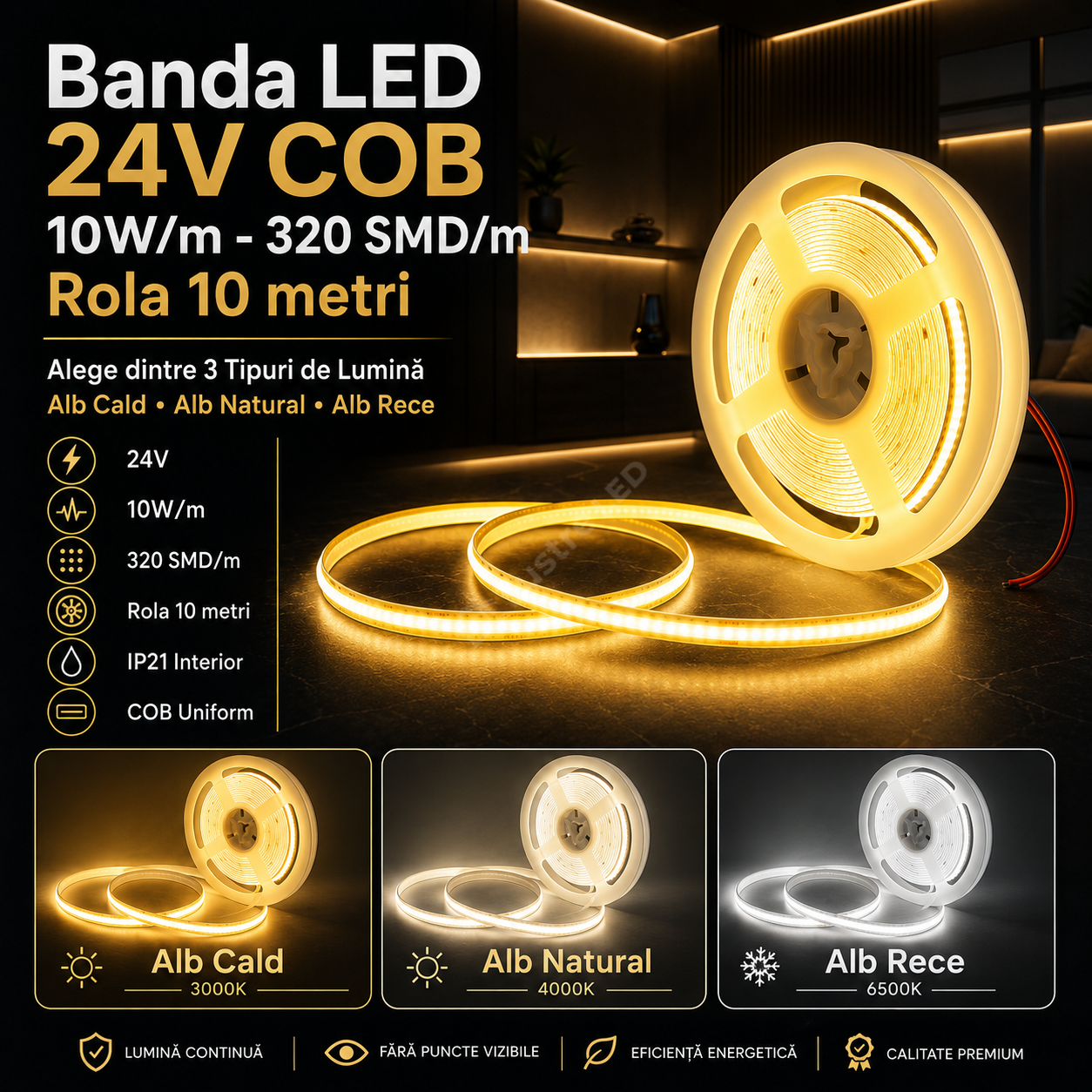 Banda LED 24V COB 10W/m - 320 SMD/m - IP20 - Rola 10 metri