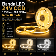 Banda LED 24V COB 10W/m - 320 SMD/m - IP20 - Rola 10 metri