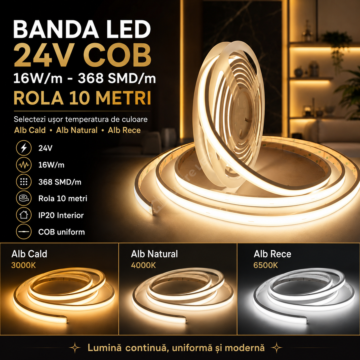 Banda LED 24V COB 16W/m - 368 SMD/m - IP20 - Rola 10 metri