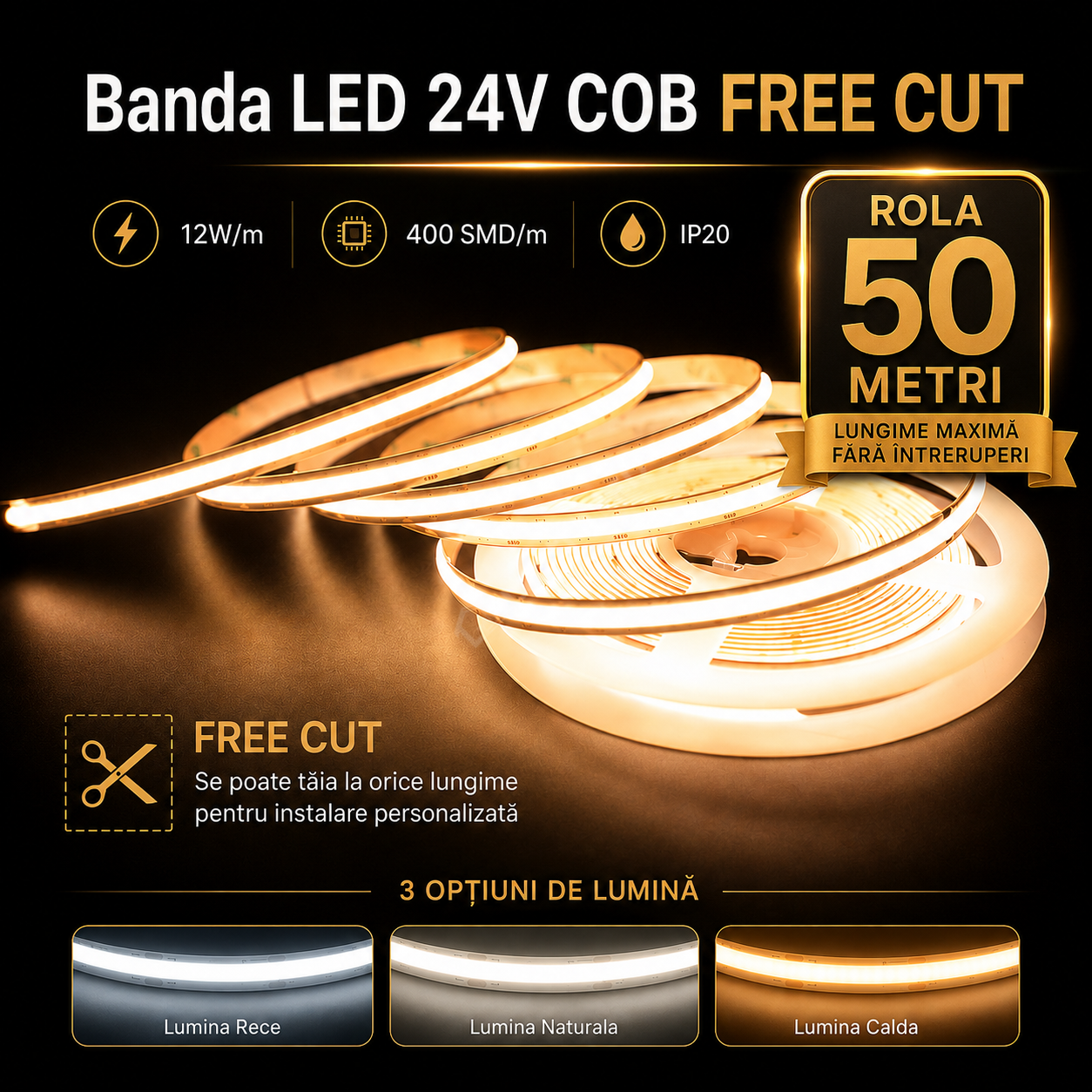 Banda LED 24V COB FREE CUT - 12W/m - 400 SMD/m - IP20 - Rola 50 metri