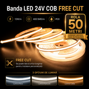 Banda LED 24V COB FREE CUT - 12W/m - 400 SMD/m - IP20 - Rola 50 metri