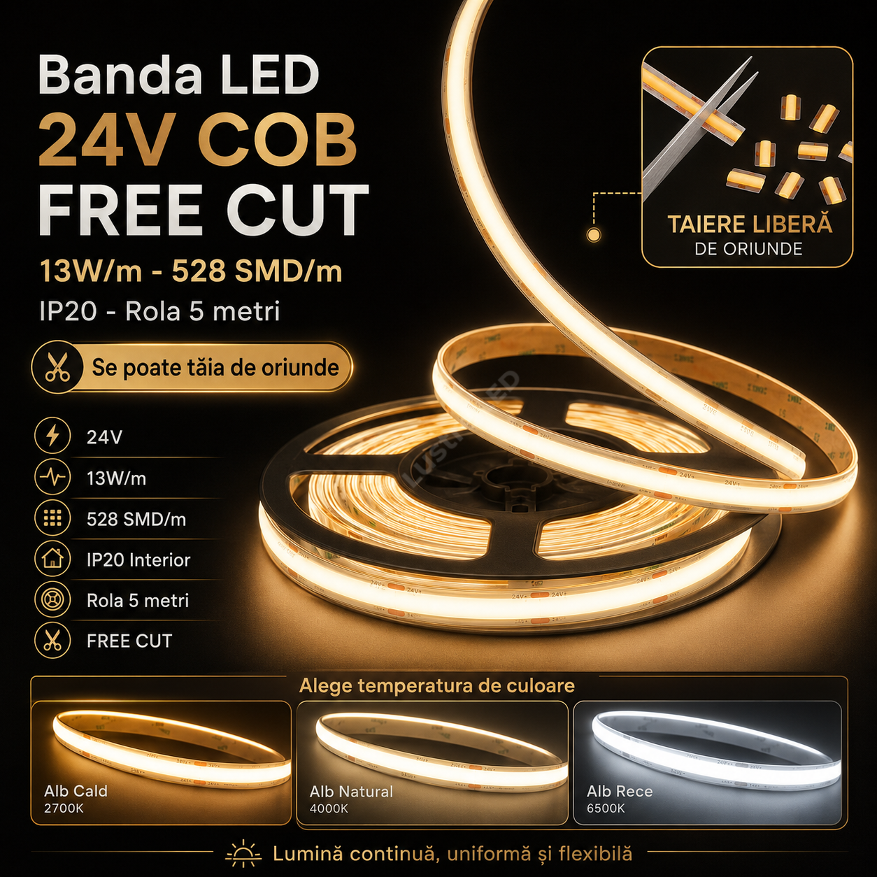 Banda LED 24V COB FREE CUT - 13W/m - 528 SMD/m - IP20 - Rola 5 metri