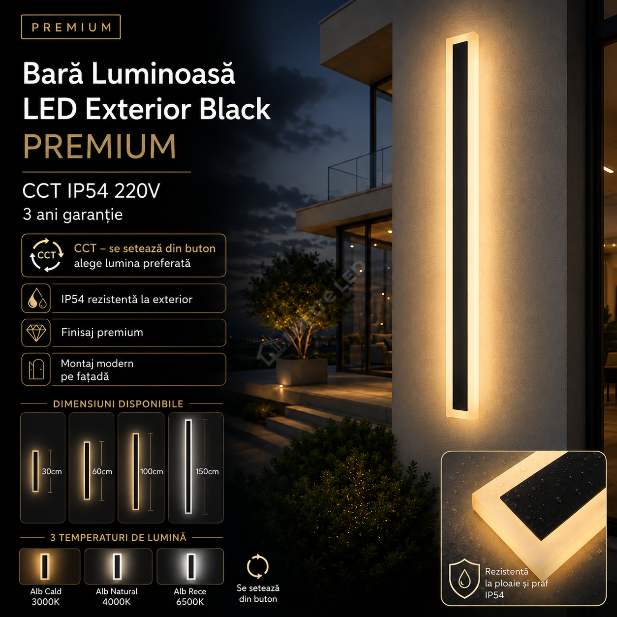 Bara Luminoasa LED Exterior Black PREMIUM CCT IP54 220V