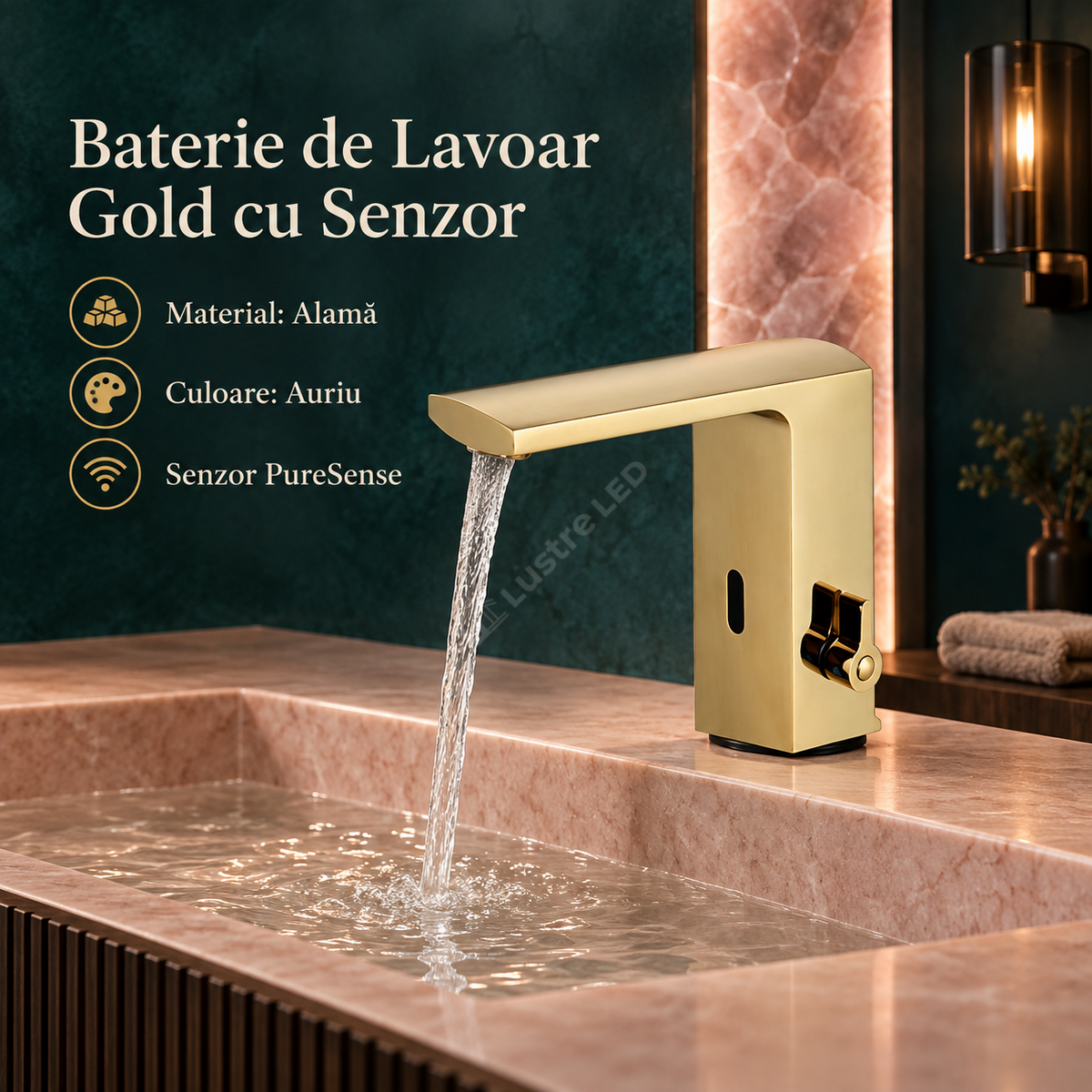 Baterie De Lavoar Cu Senzor Finisaj Auriu Mat PureSense Gold