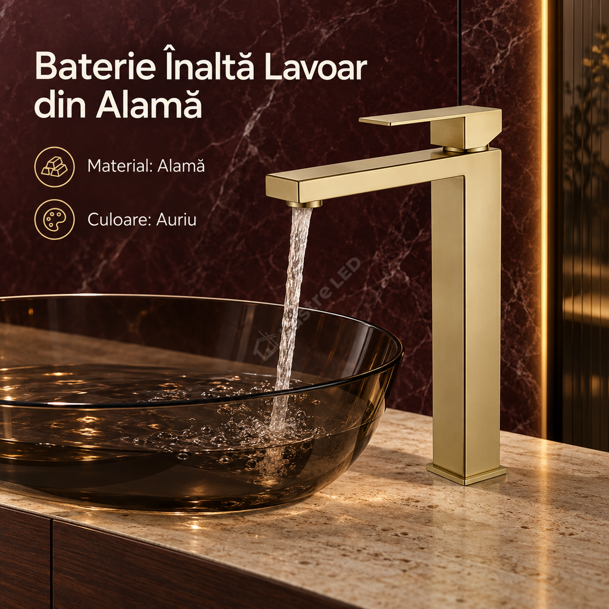 Baterie Inalta Pentru Lavoar Din Alama Finisaj Auriu Mat Design Elegant