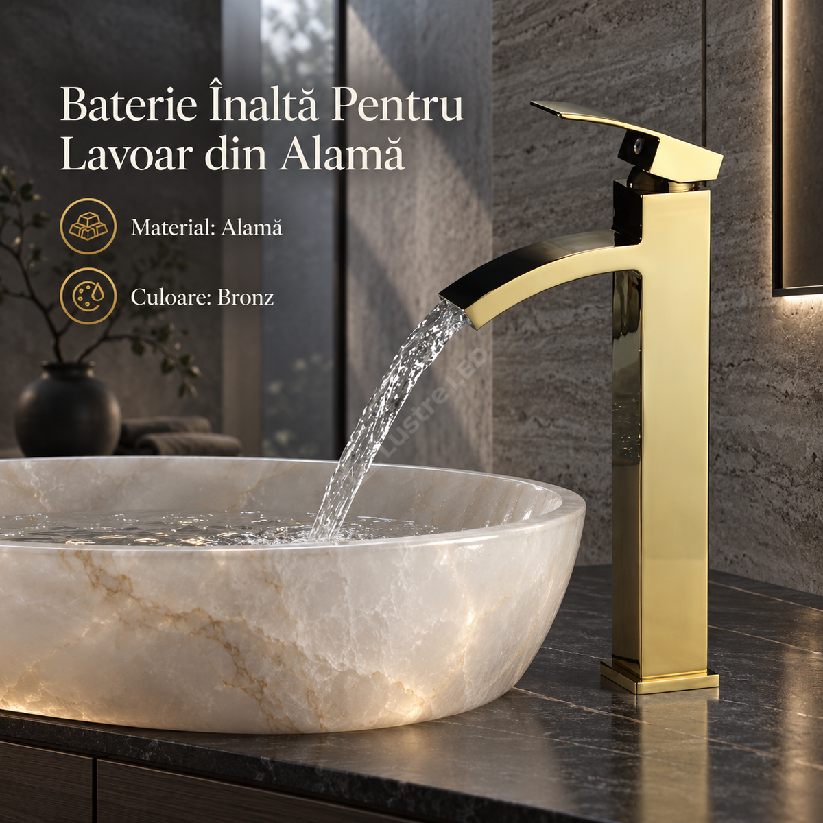 Baterie Inalta Pentru Lavoar din Alama  Finisaj Bronz Auriu Mat Design Elegant 044