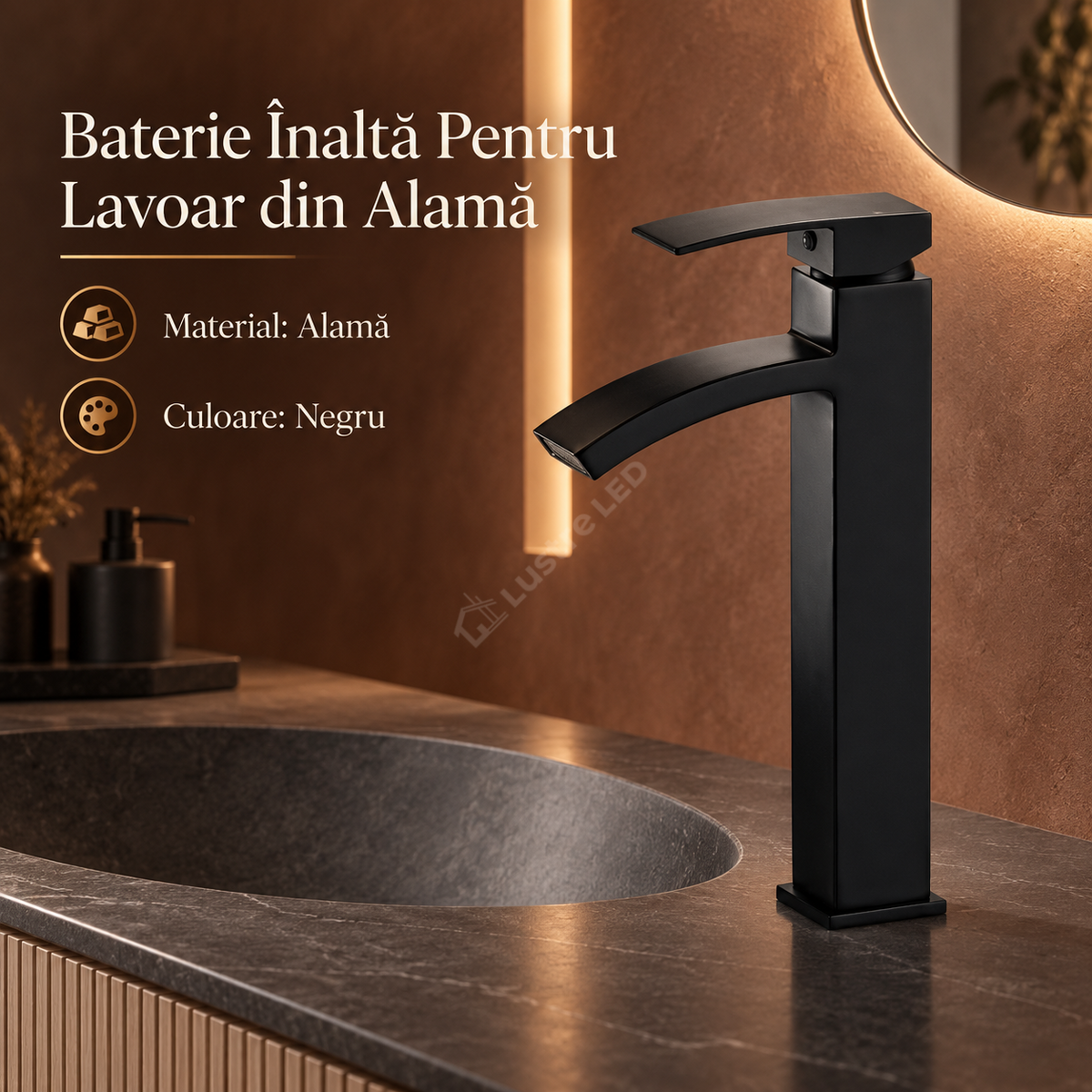 Baterie Inalta Pentru Lavoar Din Alama Finisaj Negru Mat Design Modern 042