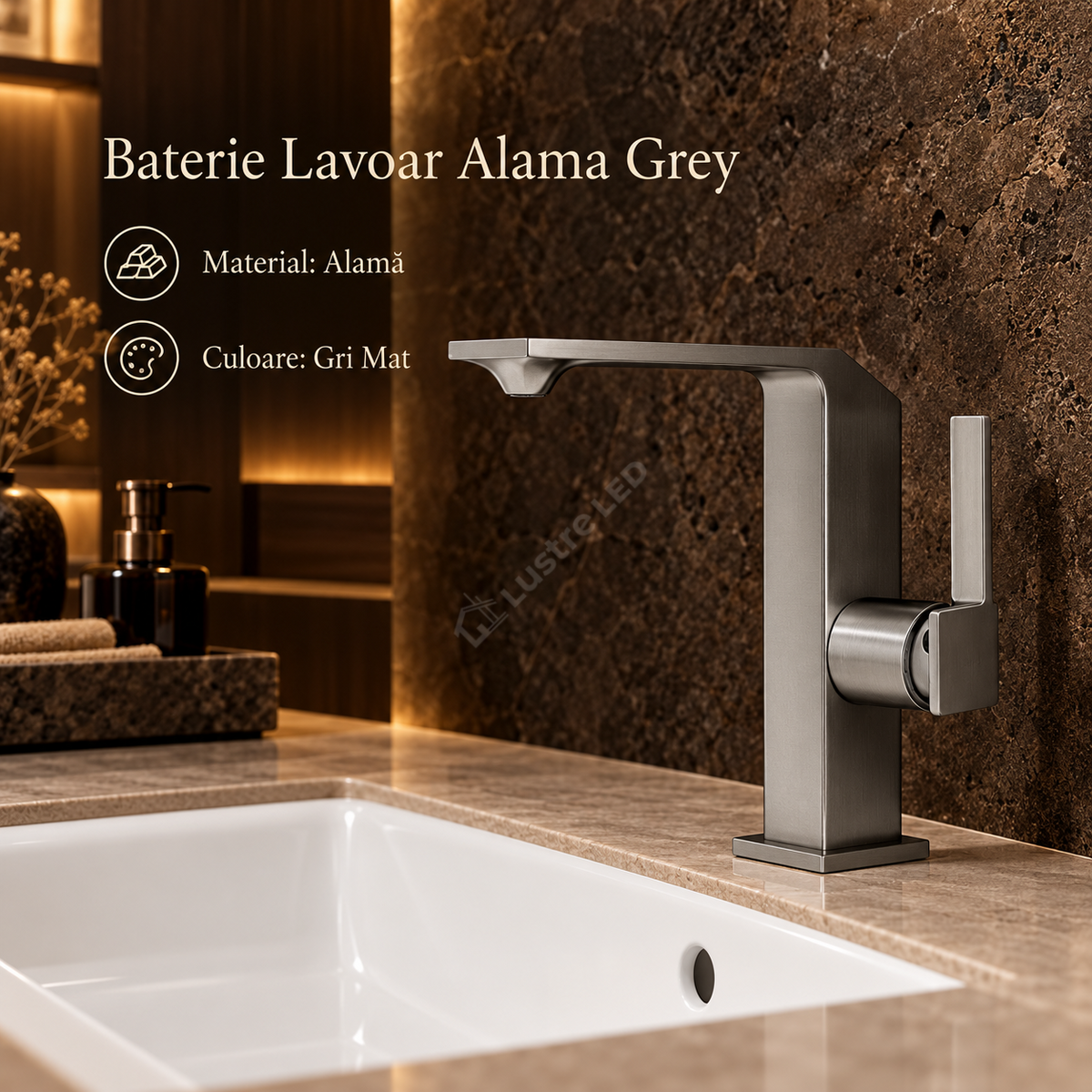 Baterie Lavoar Gri Mat din Alama Design Modern si Elegant