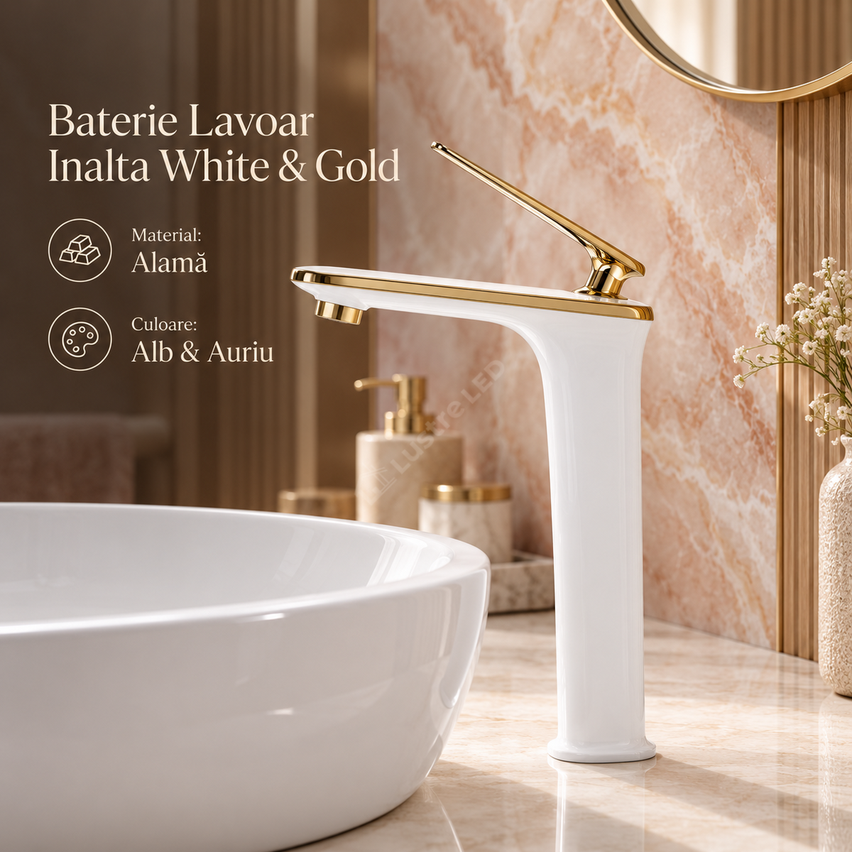 Baterie Lavoar Inalta Alb Auriu Design Elegant Alama
