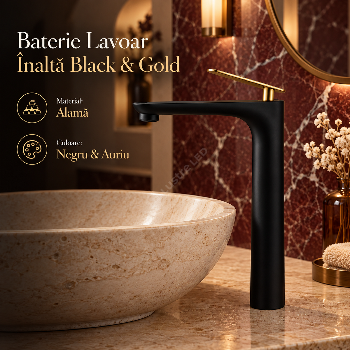 Baterie Lavoar Inalta Negru Auriu Design Modern Alama