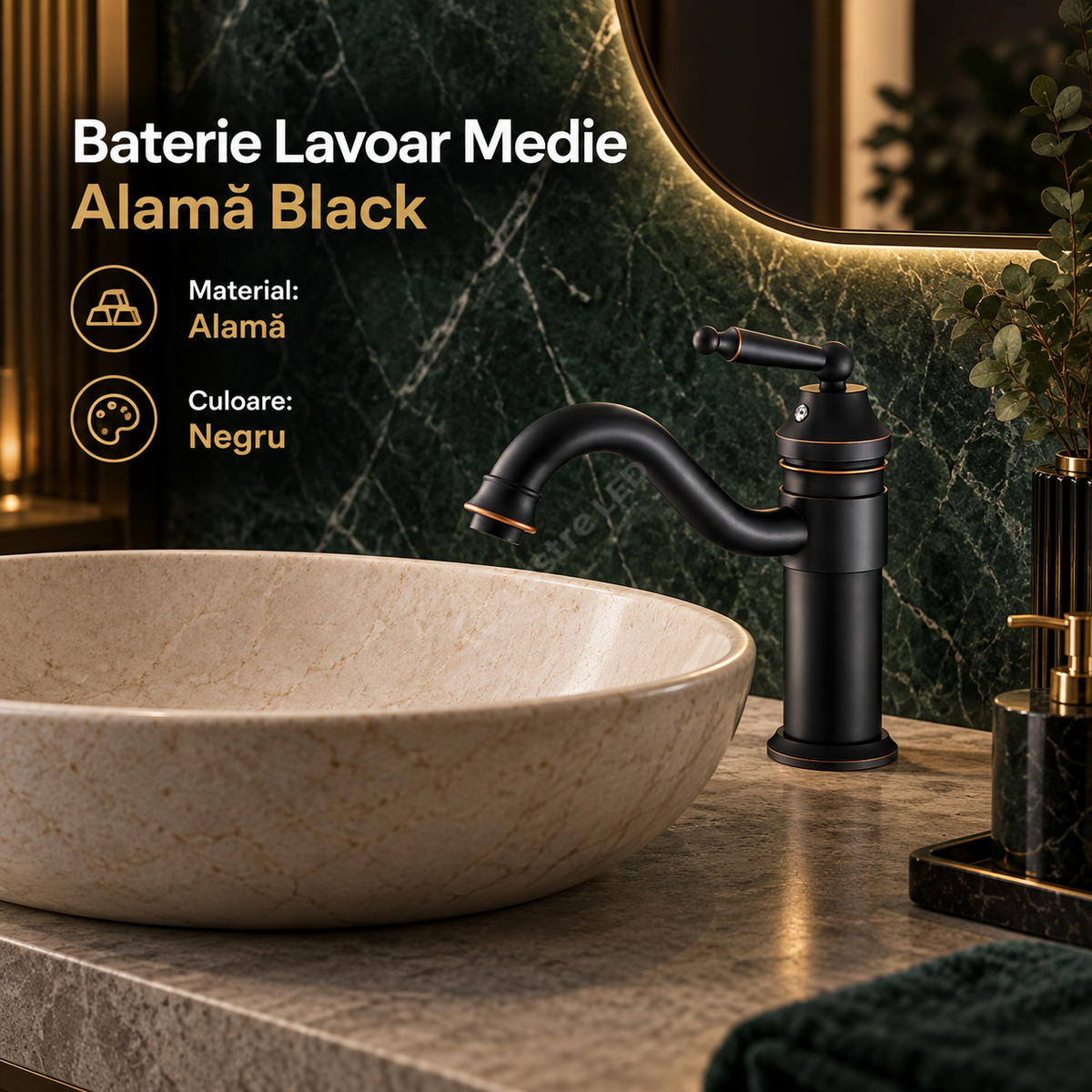 Baterie Lavoar Medie Negru Antichizat Design Modern Alama 1739D