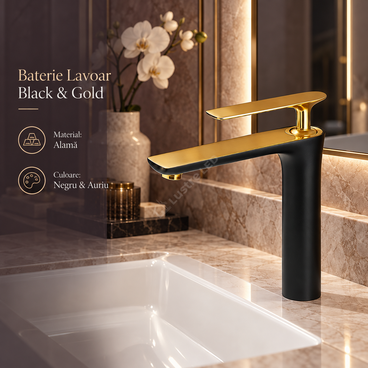 Baterie Lavoar Negru Auriu Design Modern Alama