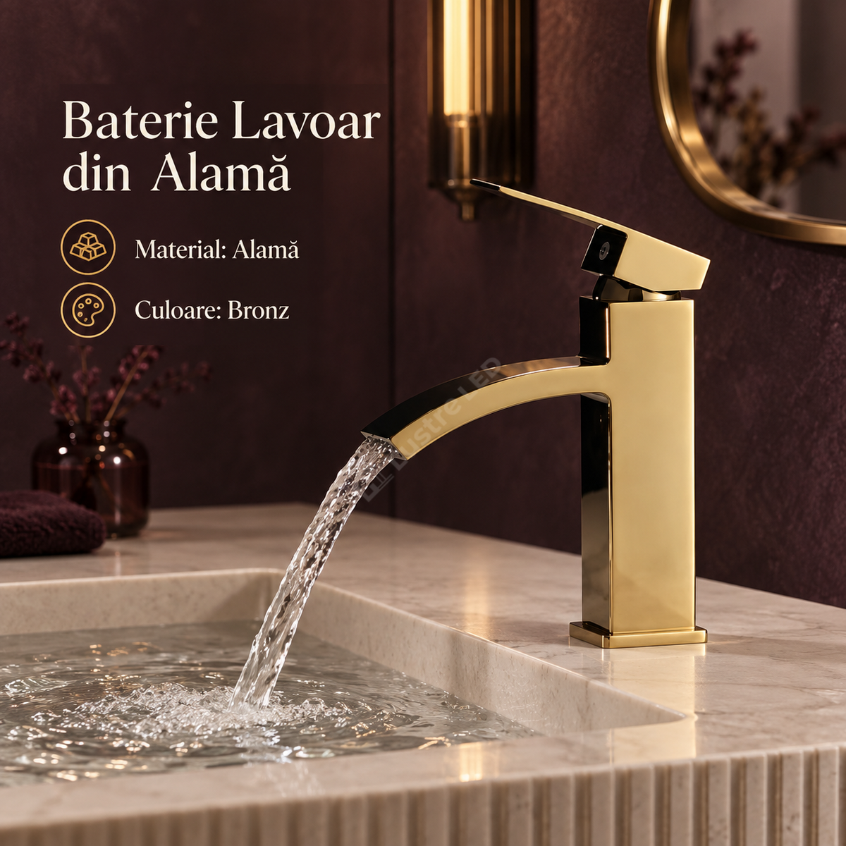 Baterie Moderna Pentru Lavoar din Alama Finisaj Bronz Auriu Mat Design Elegant 043