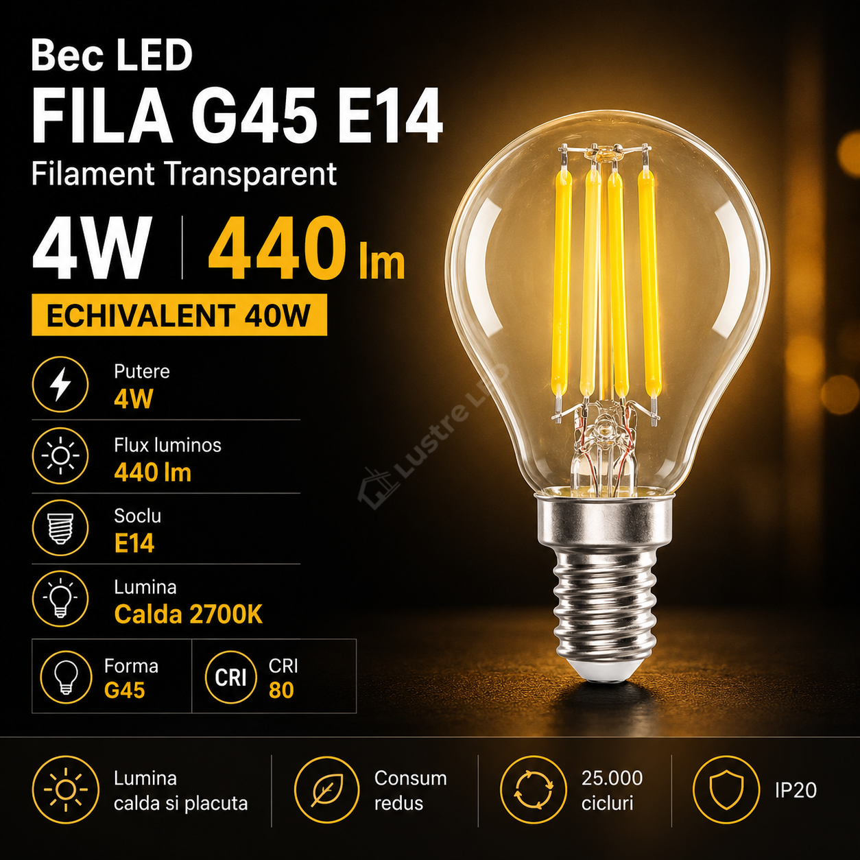 Bec LED E14 G45 4W, 440lm FILA Filament Transparent