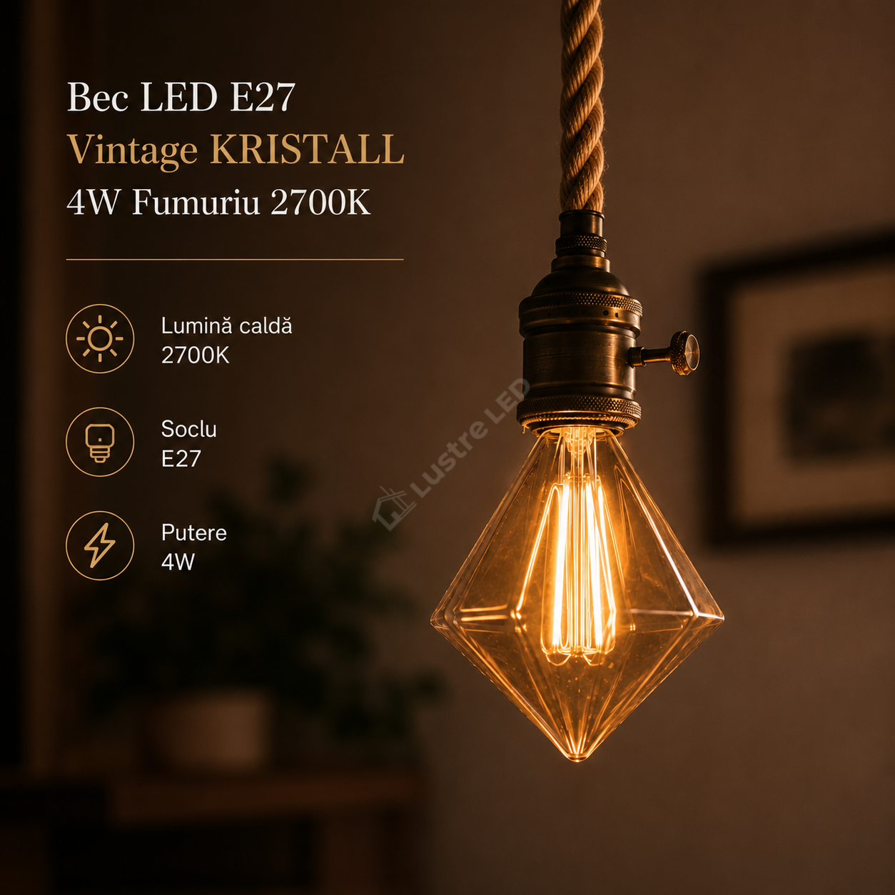Bec LED E27 Vintage KRISTALL 4W Fumuriu 2700K