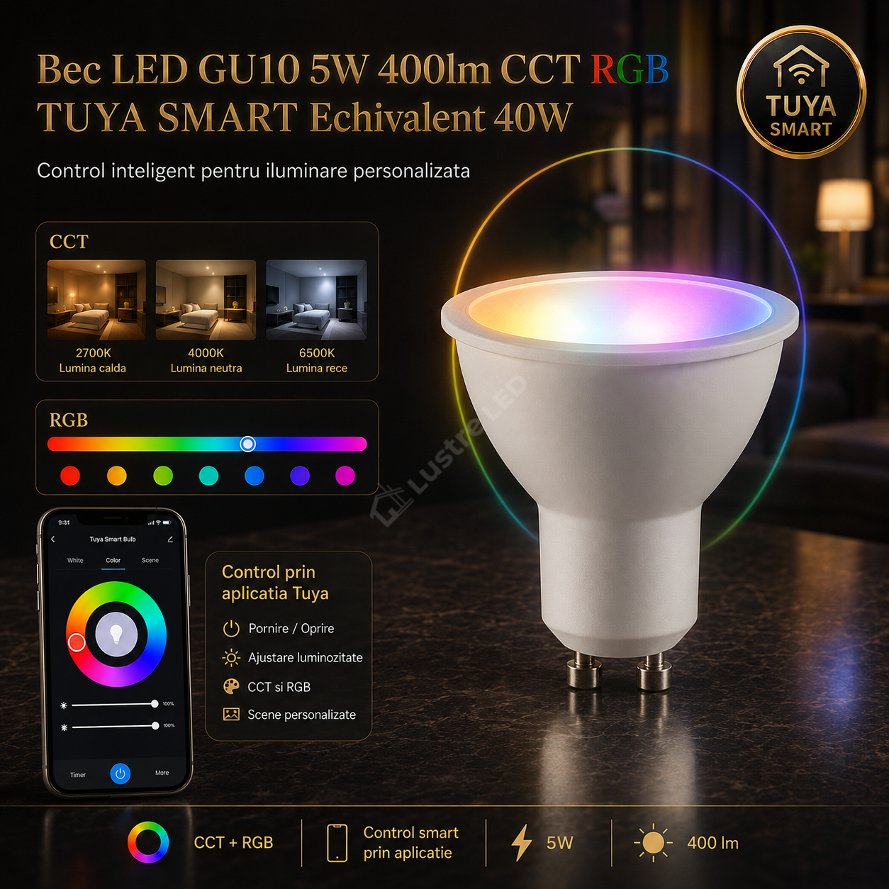 Bec LED GU10 5W 400lm CCT RGB TUYA SMART
