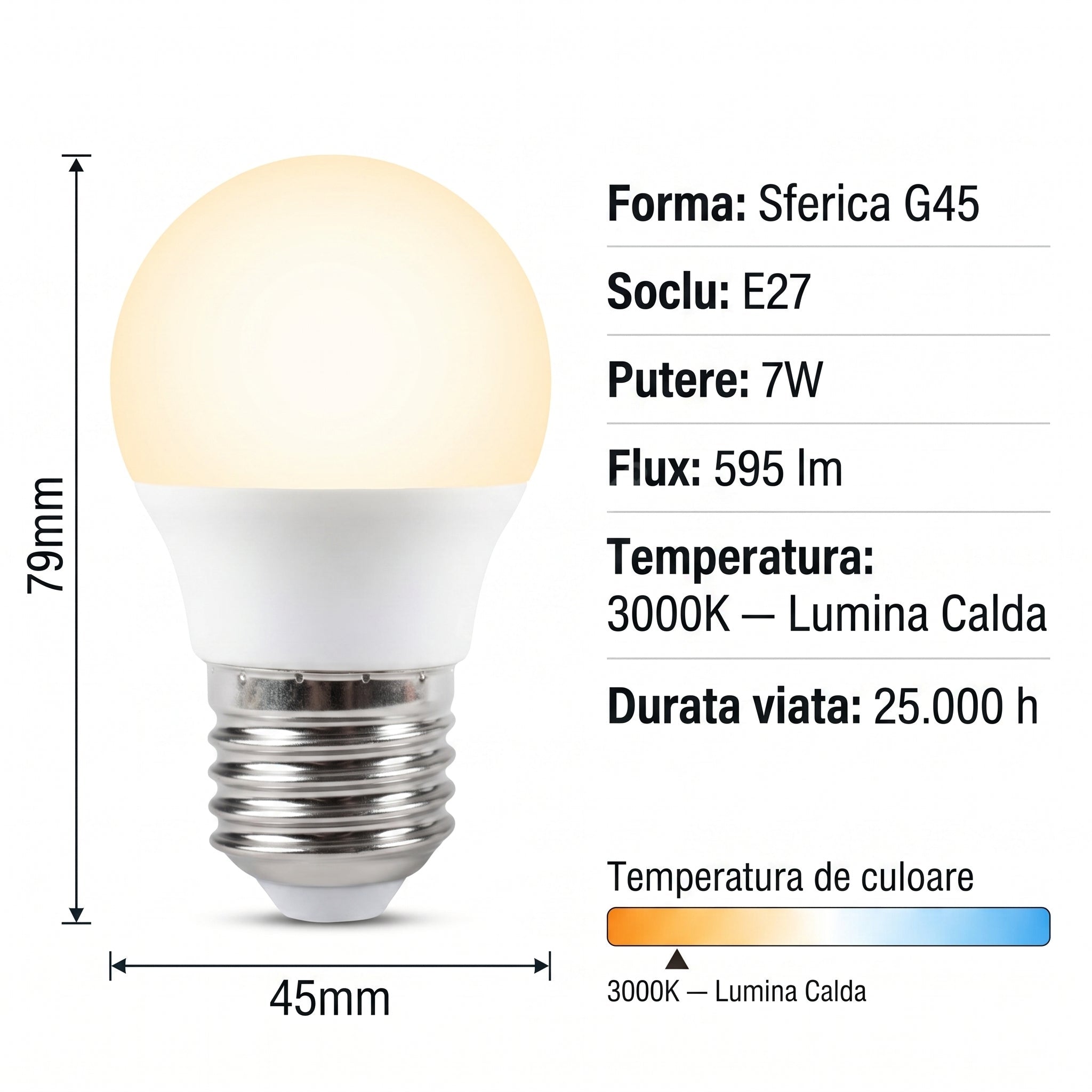 Bec LED Sferic Mat E27 Lumina Calda 7W Echivalent 35W