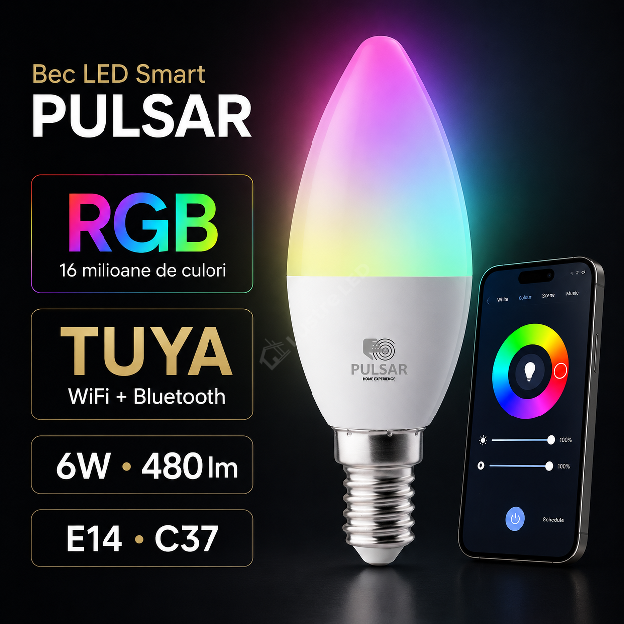 Bec LED Smart E14 C37 6W, 480lm PULSAR RGB Tuya WiFi + Bluetooth