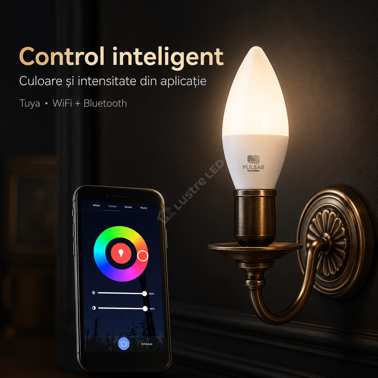 Bec LED Smart E14 C37 6W, 480lm PULSAR RGB Tuya WiFi + Bluetooth