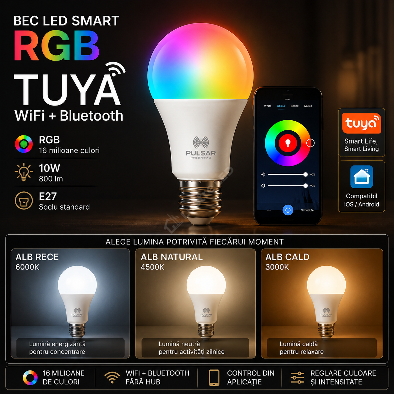 Bec LED Smart E27 A60 10W 800lm PULSAR RGB Tuya WiFi si Bluetooth