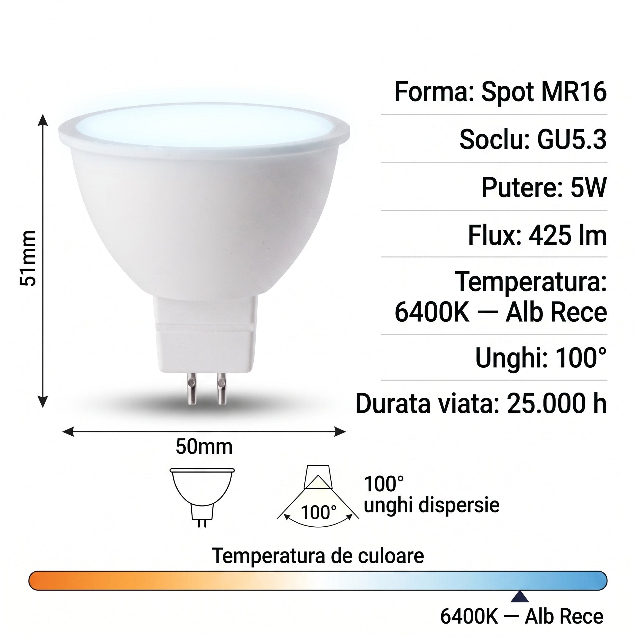 Bec LED Spot MR16 GU5.3 Alb Rece 5W Echivalent 25W