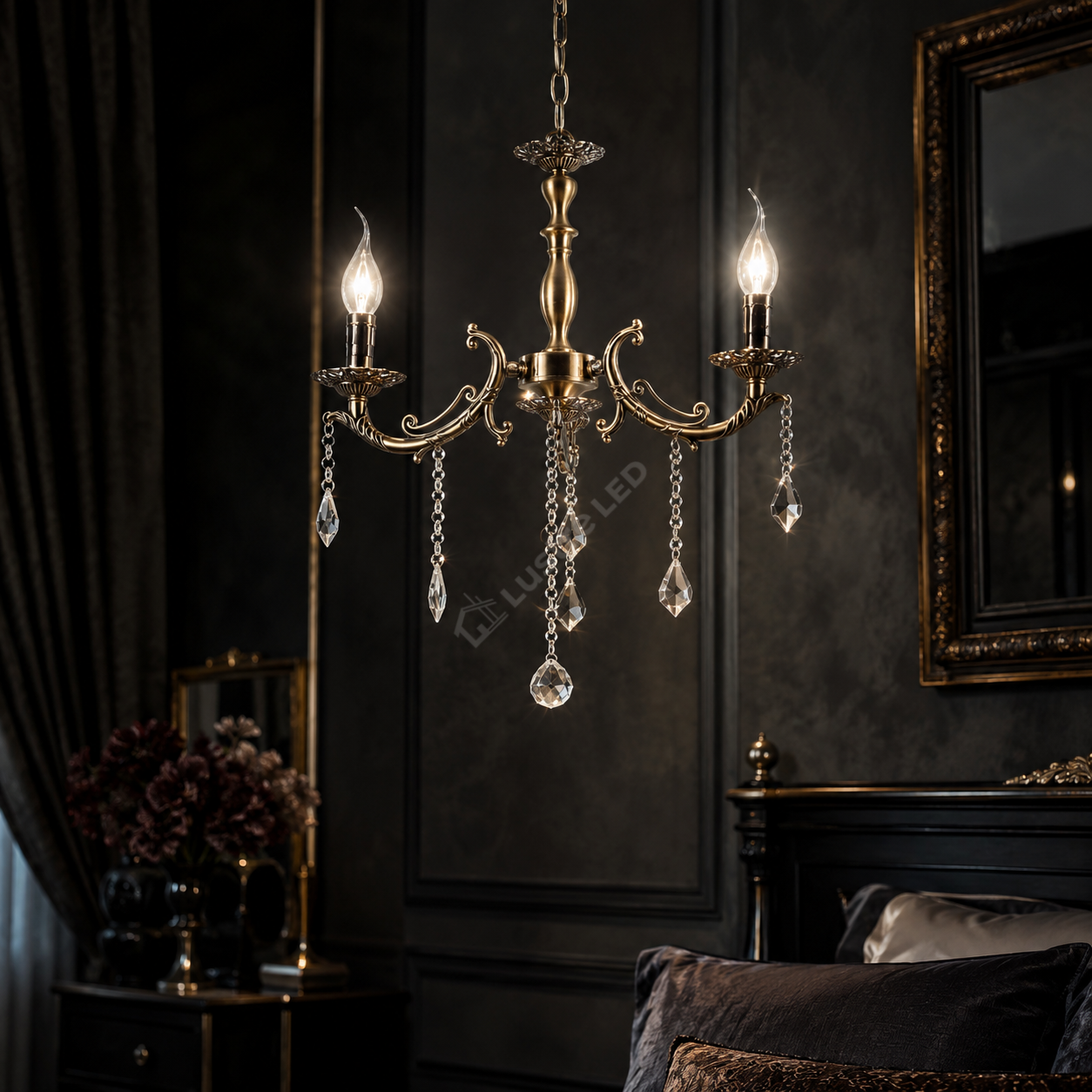 Candelabru Clasic BAROCCO Brass 3xE14 cu Cristale 54CM