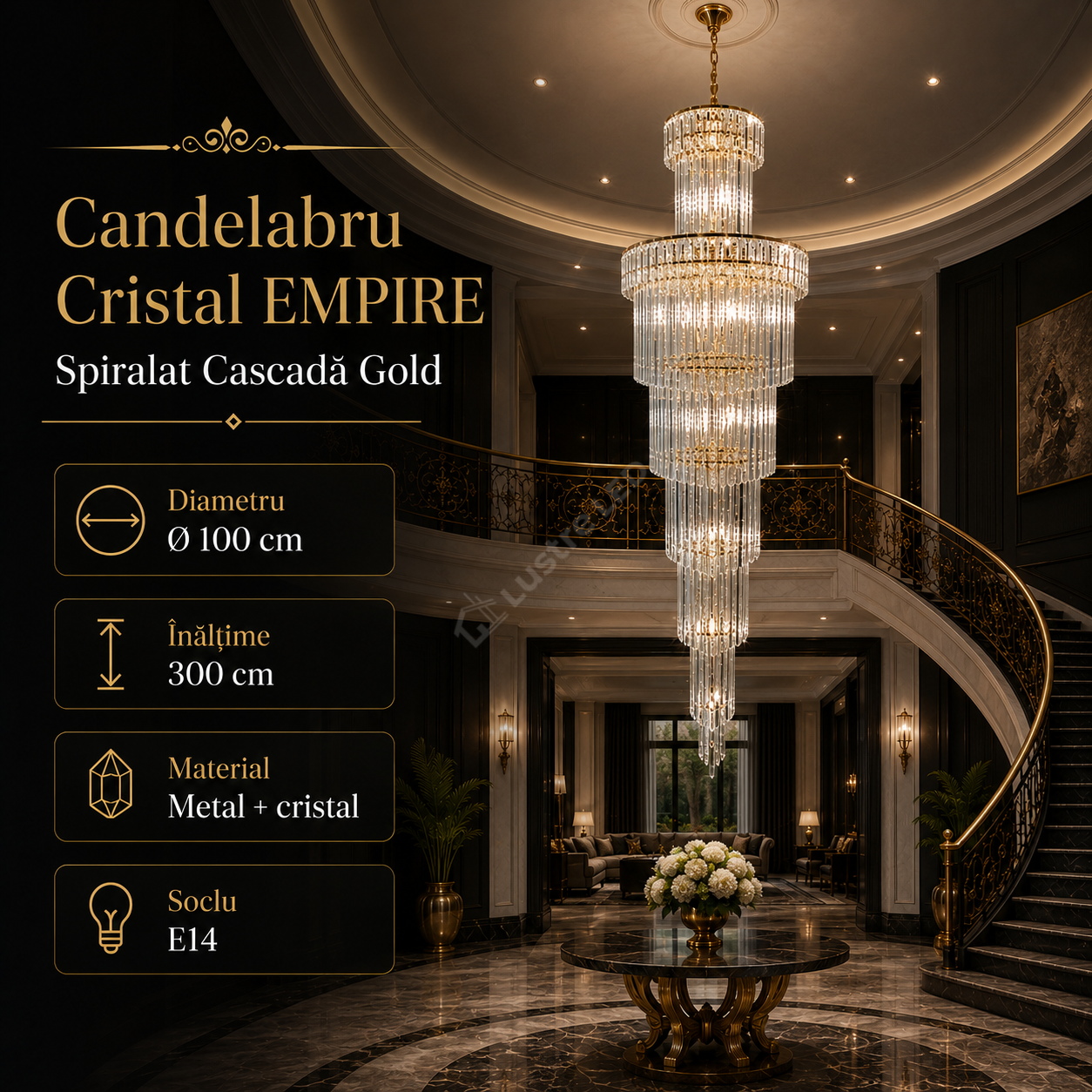 Candelabru Cristal EMPIRE Spiralat Cascada Gold Ø100cm H300cm E14
