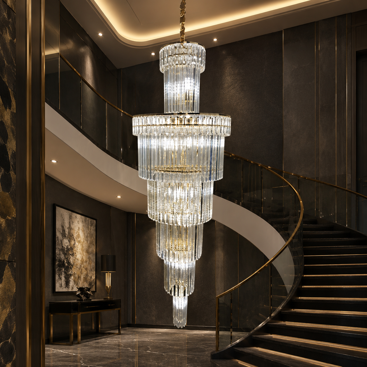 Candelabru Cristal EMPIRE Spiralat Cascada Gold Ø100cm H300cm E14