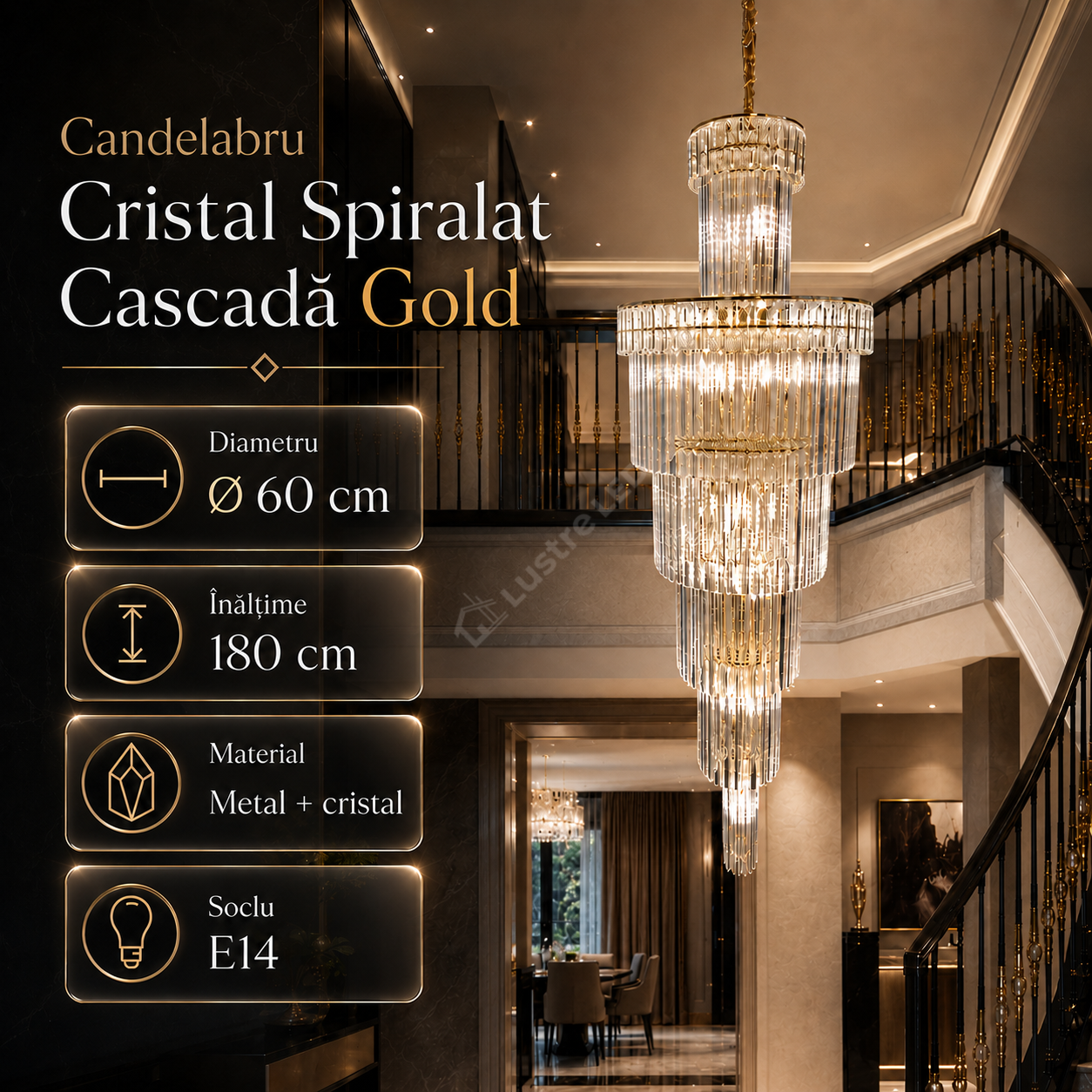 Candelabru Cristal EMPIRE Spiralat Cascada Gold Ø60cm H180cm E14