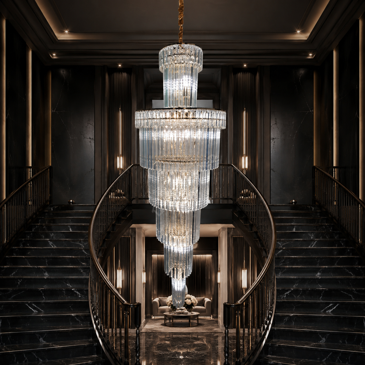 Candelabru Cristal EMPIRE Spiralat Cascada Gold Ø60cm H180cm E14