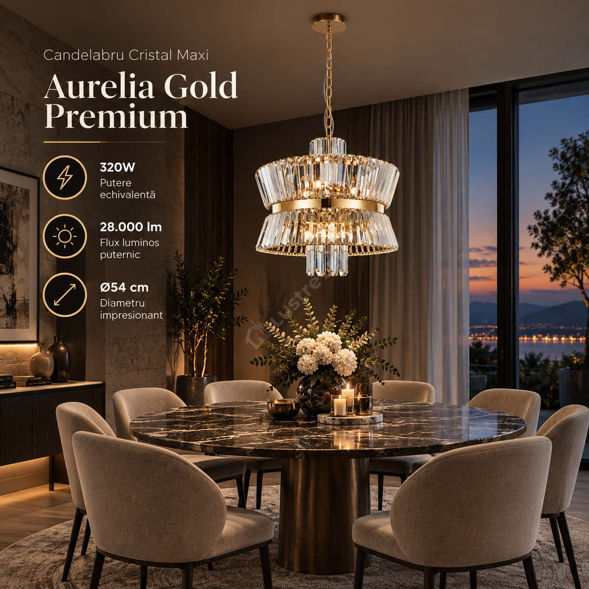 Candelabru Cristal Maxi Aurelia Gold Premium ⌀54CM