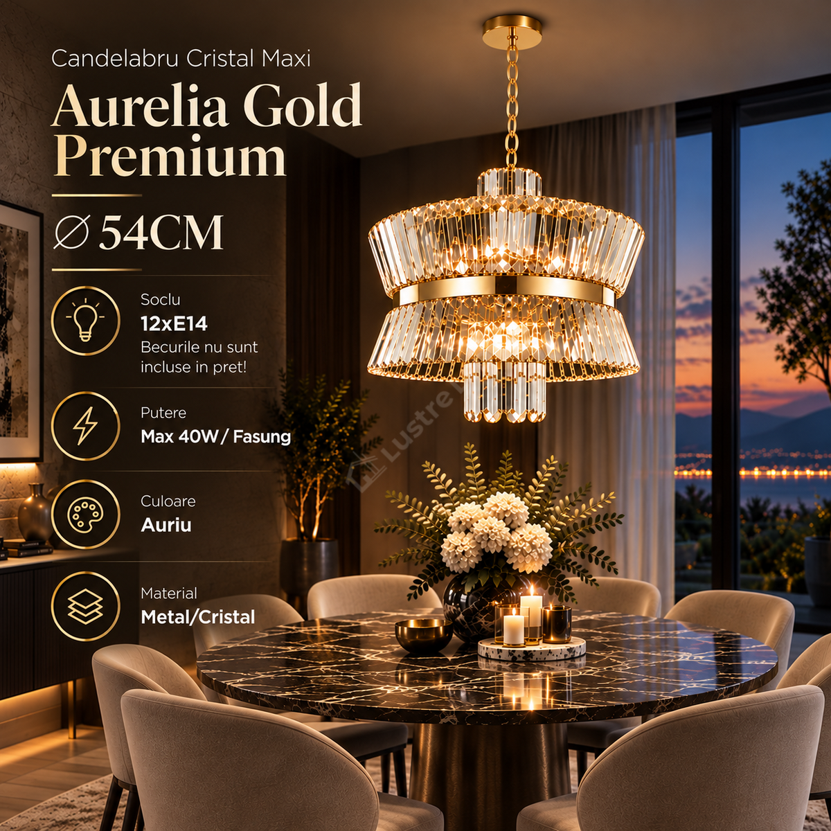 Candelabru Cristal Maxi Aurelia Gold Premium ⌀54CM
