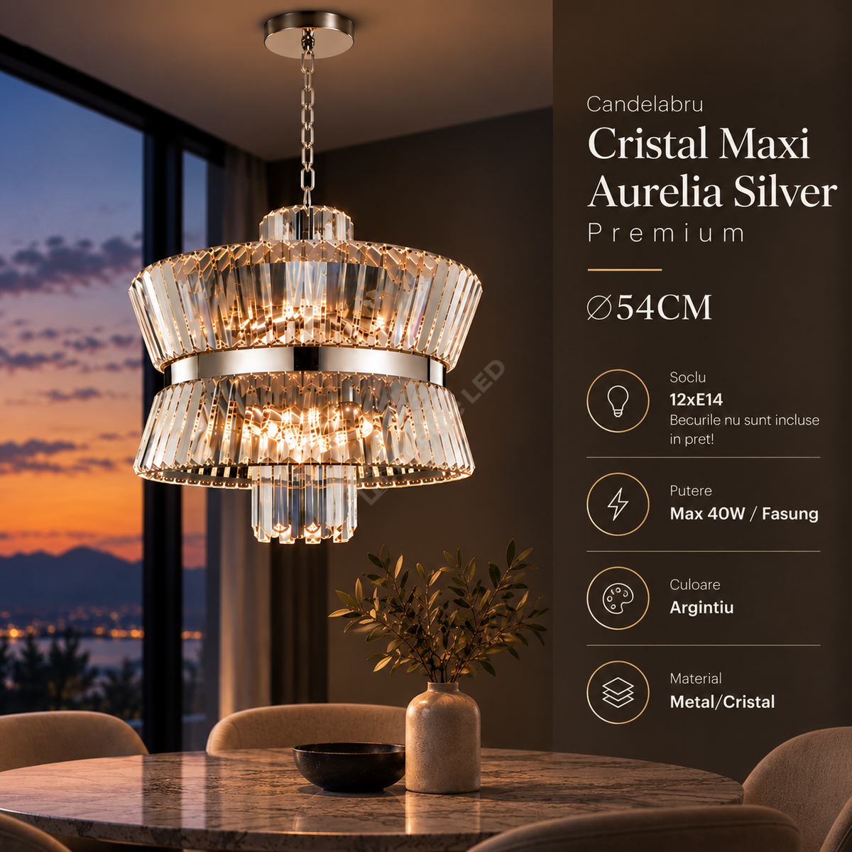 Candelabru Cristal Maxi Aurelia Silver Premium ⌀54CM