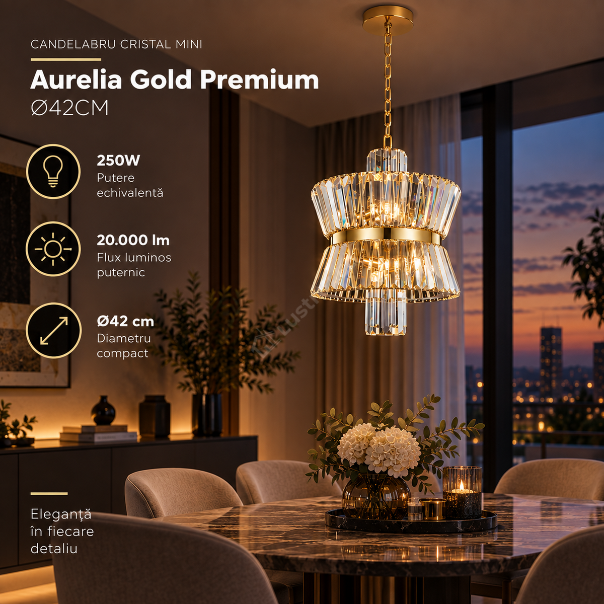 Candelabru Cristal Mini Aurelia Gold Premium ⌀42CM
