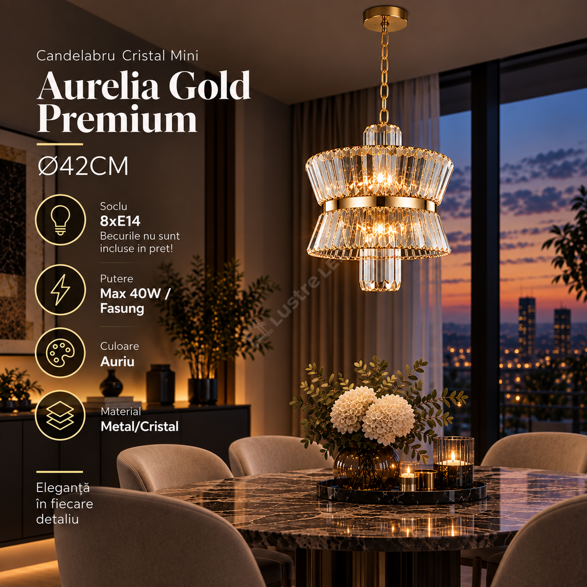Candelabru Cristal Mini Aurelia Gold Premium ⌀42CM