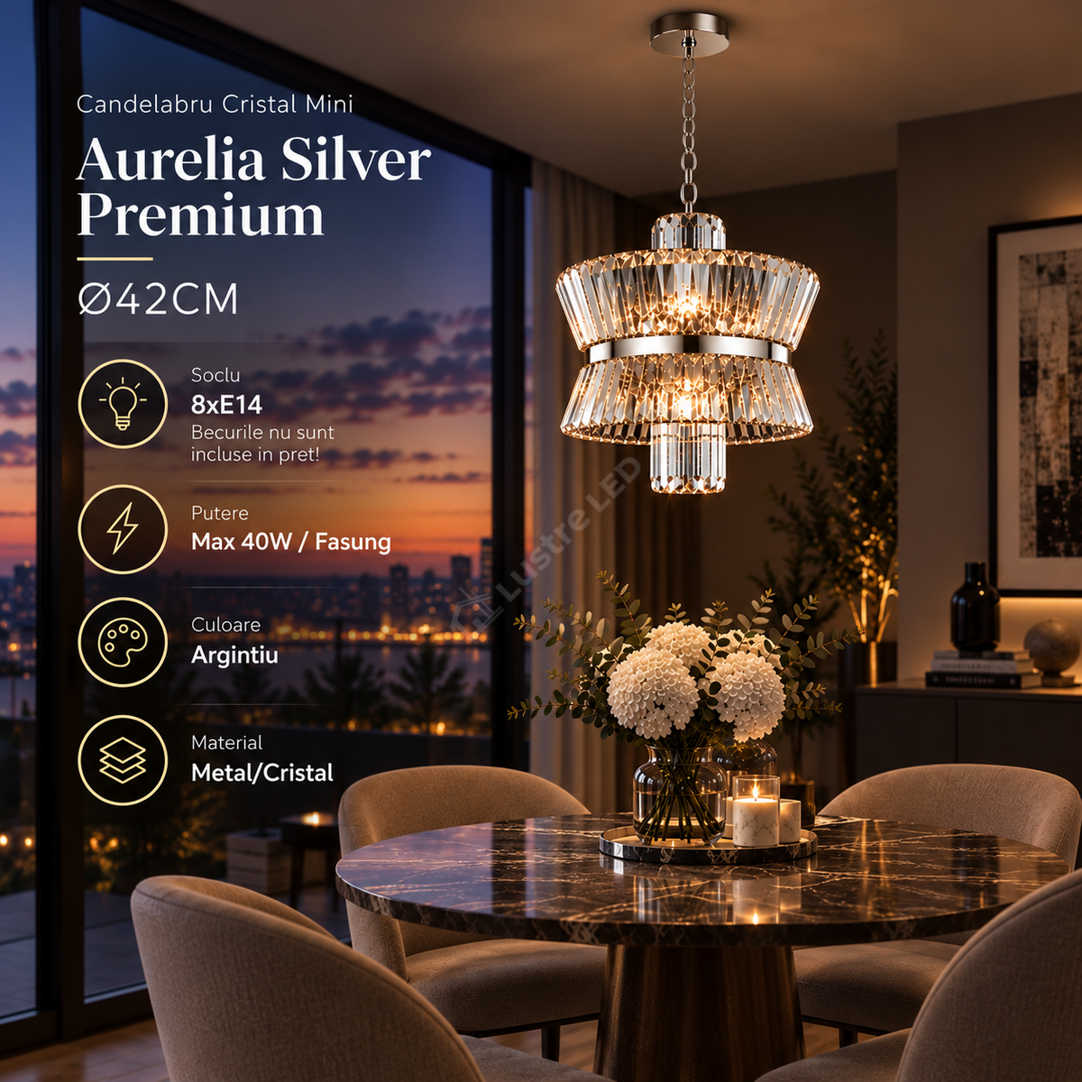 Candelabru Cristal Mini Aurelia Silver Premium ⌀42CM