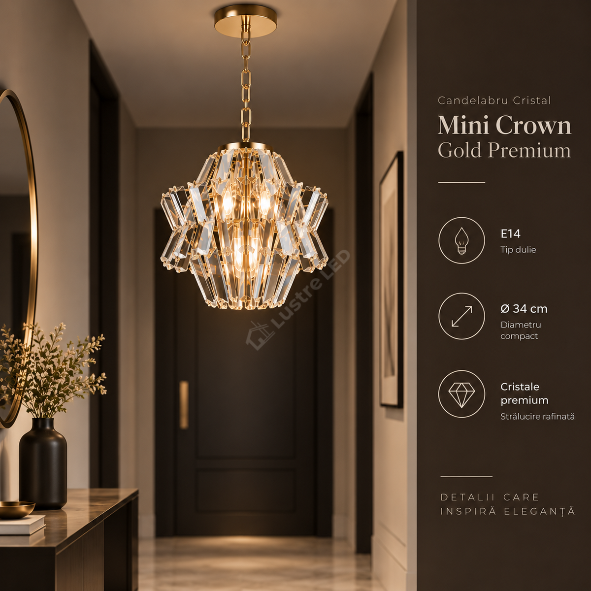Candelabru Cristal Mini Crown Gold Premium ⌀34CM