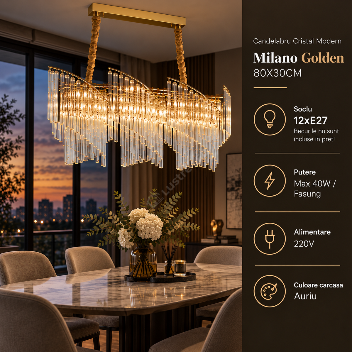 Candelabru Cristal Modern Milano Golden 80X30CM