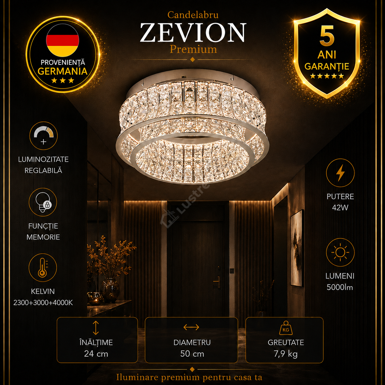 Candelabru LED Aplicat Premium Zevion Silver Crystal Echivalent 400W