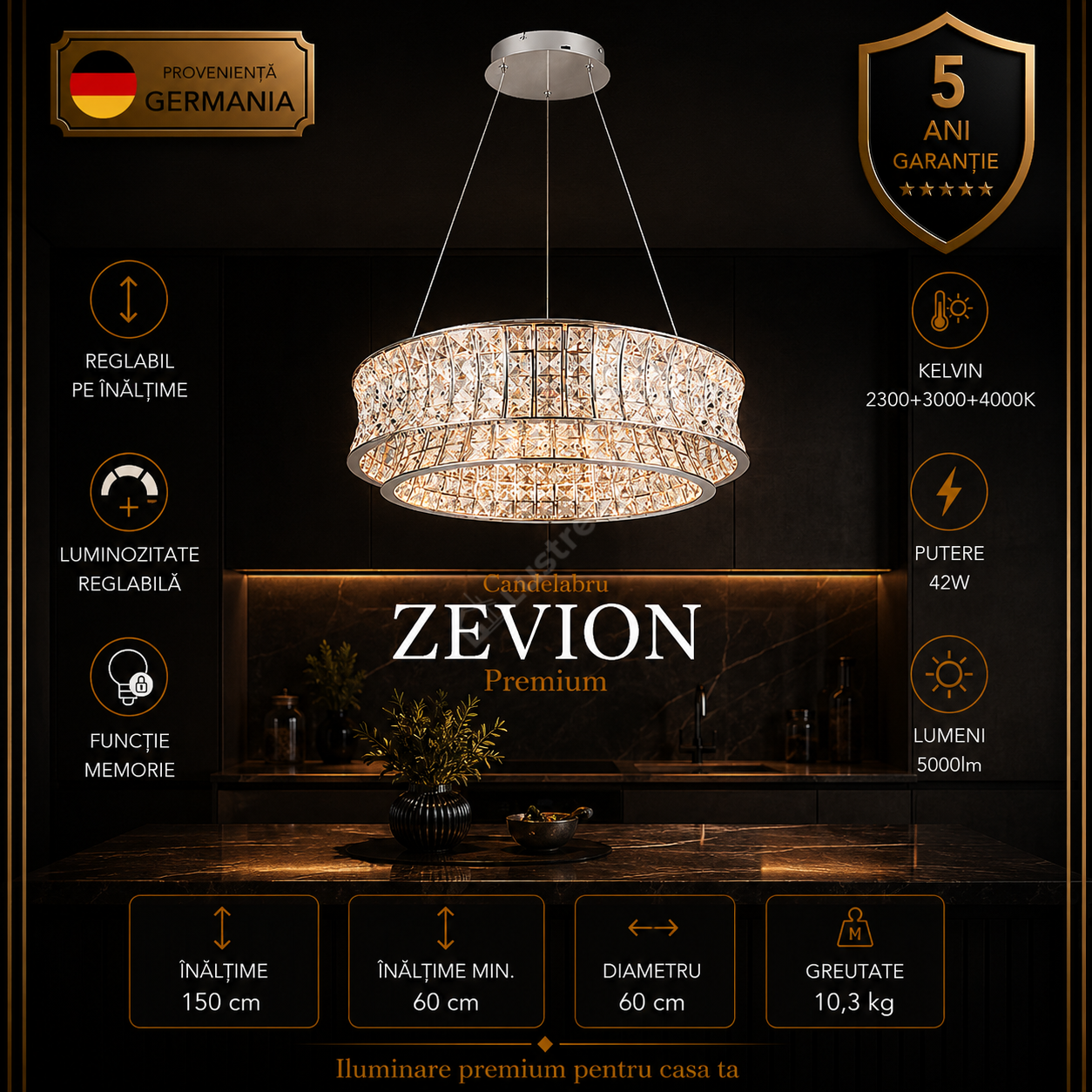 Candelabru LED Suspendat Premium Zevion Silver Crystal Echivalent 500W