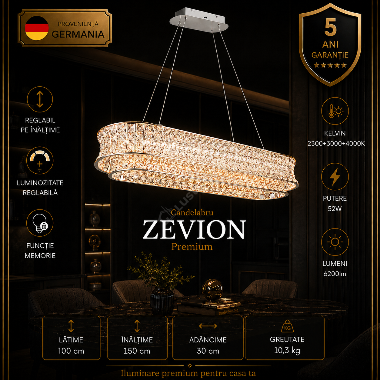 Candelabru LED Suspendat Premium Zevion Silver Crystal Echivalent 600W