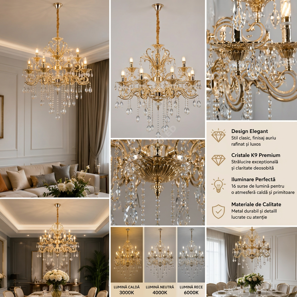 Candelabru Neoclasic Elegance Gold 8xE14 Ø74CM