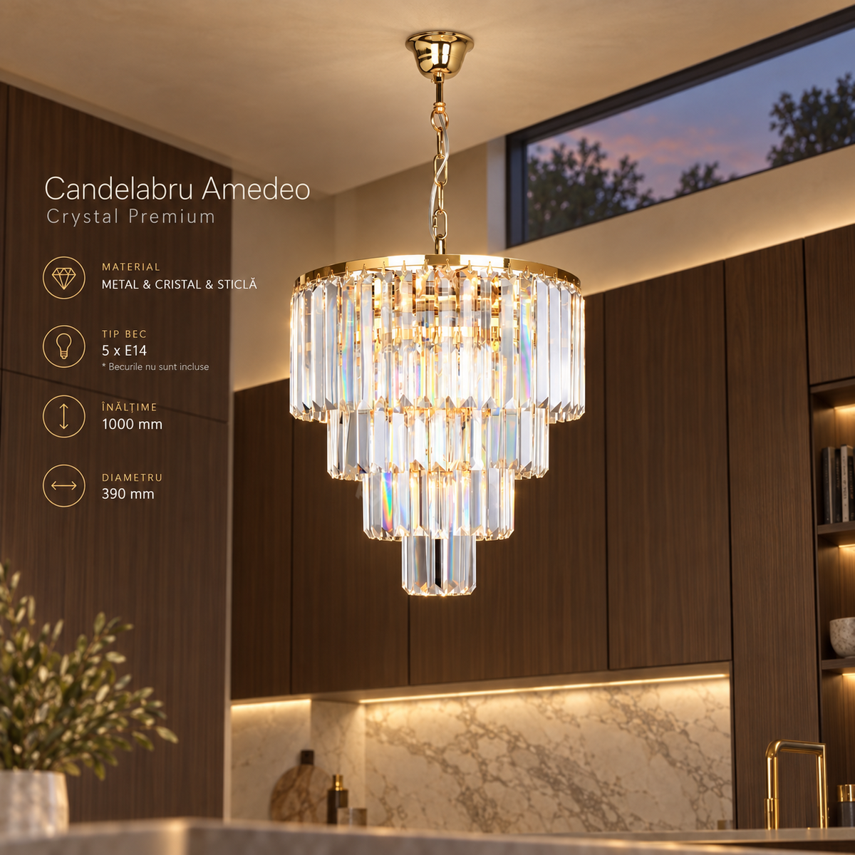 Candelabru Suspendat Amedeo Crystal Gold Premium Ø39CM