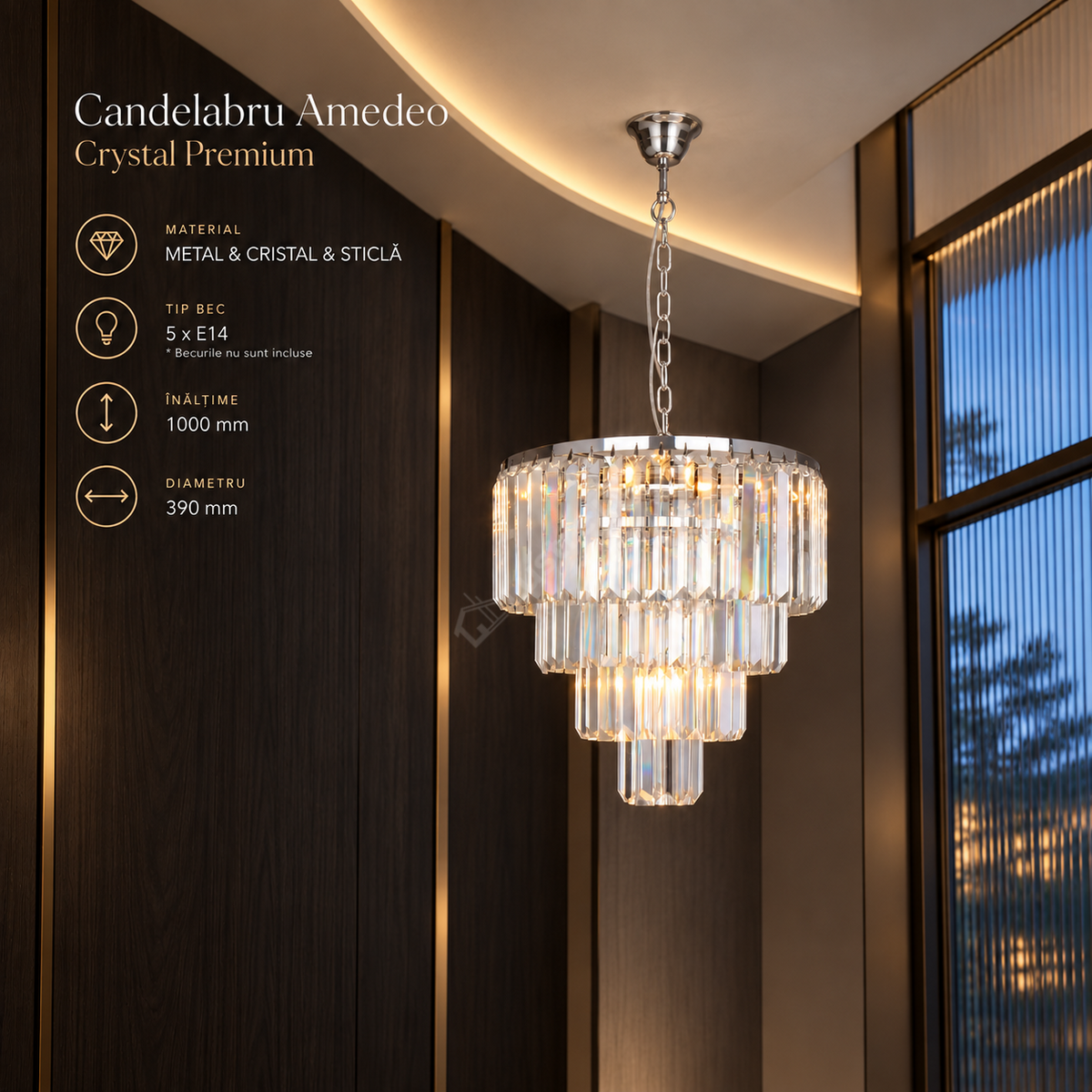 Candelabru Suspendat Amedeo Crystal Silver Premium Ø39CM
