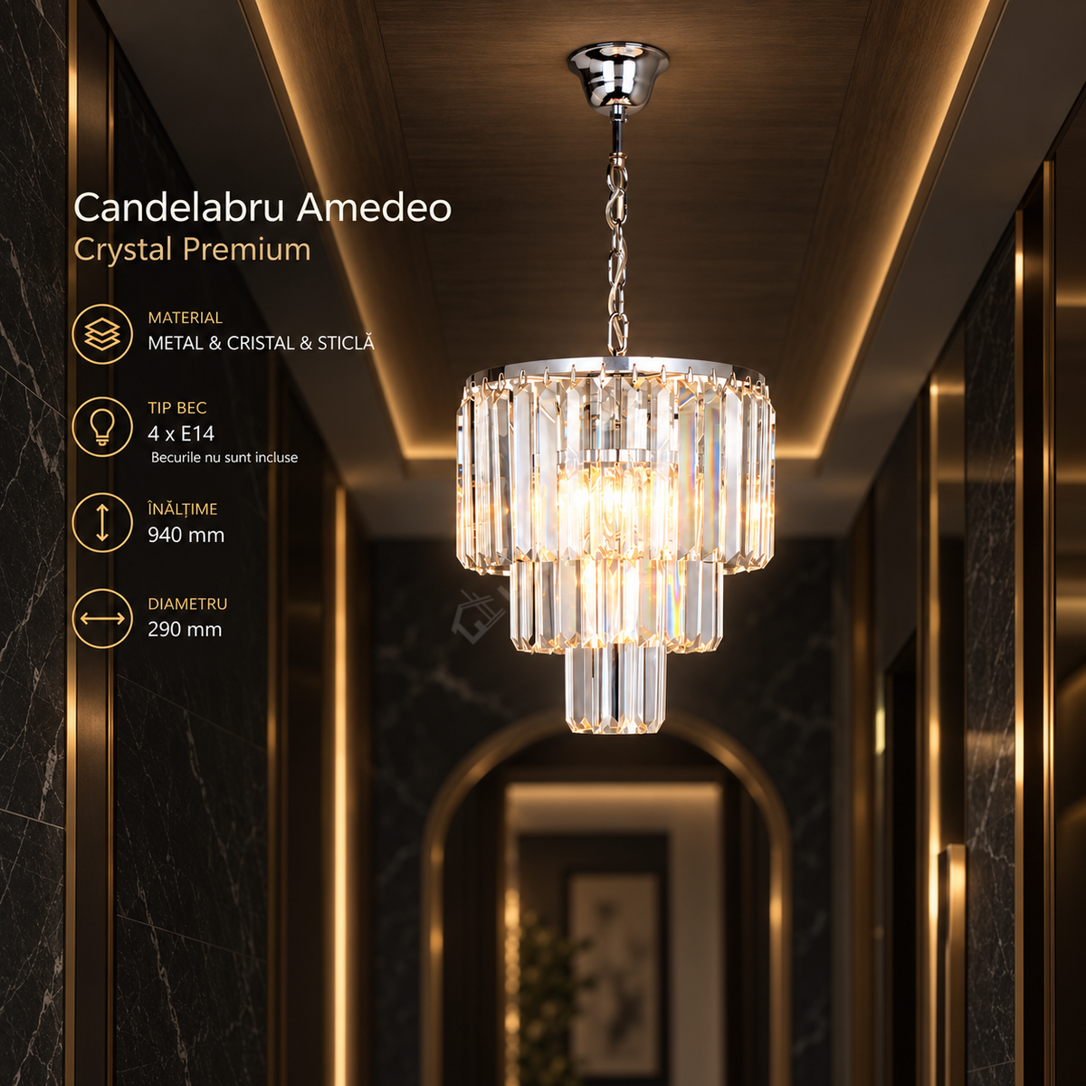 Candelabru Suspendat Mini Amedeo Crystal Silver Premium Ø29CM